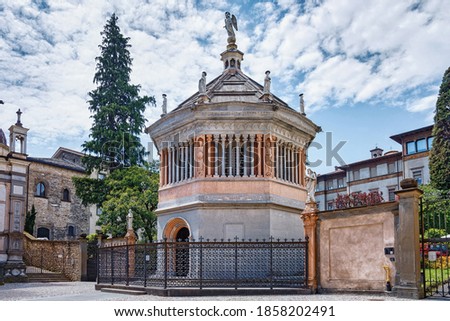Baptistery of the Bergamo.The octagonal baptistery, constructed in 1340 by Giovanni da Campione for the Basilica of Santa Maria Maggiore. Bergamo, Italy.