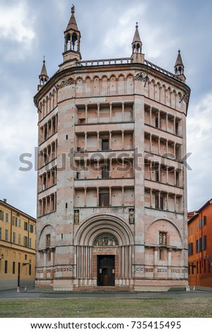 The Baptistery of Parma is a religious edifice in Parma, northern Italy. Architecturally, the baptistery of Parma Cathedral marks a transition between the Romanesque and Gothic style