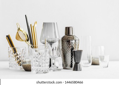 Bar accessories and tools for making cocktail. Shaker, jigger, glass, spoon  and  other bar tools.