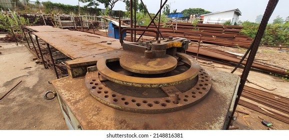 Bar Bending And Bar Cutter In A Rebar Stock Yard In A Rusty Condition.