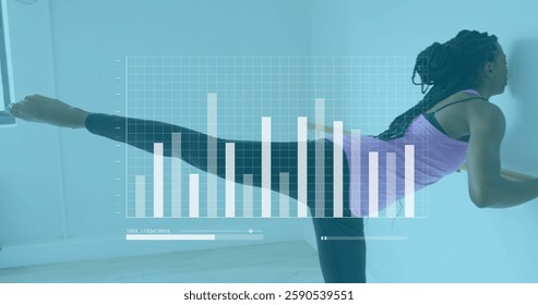 Bar chart and data analysis image over woman stretching leg in fitness studio. gym, statistics, exercise, health, workout, graph