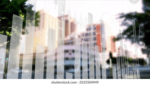 Bar chart and line graph image over cityscape background. Business, finance, analytics, data visualization, growth, trends - Powered by Shutterstock