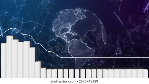 Bar chart and line graph image over digital globe and network connections. Business, data, analytics, technology, global, information - Powered by Shutterstock - Get 15% off with code: PIKWIZARD15