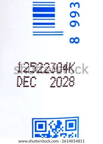 Bar code, production code, expiry date and QR code, printed on product label