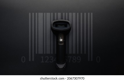 Bar code. Retail label barcode scan. Reader laser scanner for warehouse on black background. Product code data concept