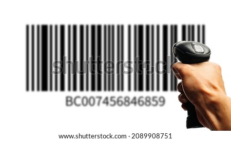 Bar code. Retail label barcode scan. Reader laser scanner for warehouse holding hand. Product code data concept