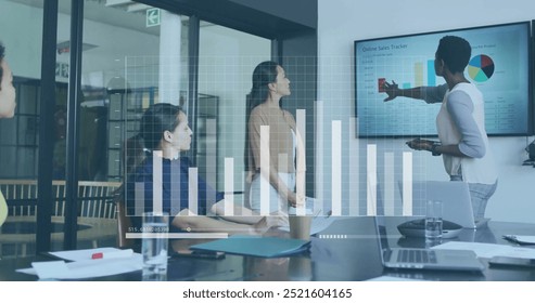 Bar graph image over business meeting with diverse team analyzing sales data. teamwork, data analysis, presentation, collaboration, bar chart, strategy - Powered by Shutterstock