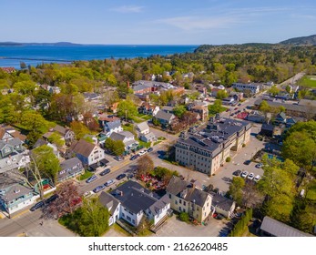 Bar Harbor Historic Town Center Aerial View On Main Street, Bar Harbor, Maine ME, USA. 