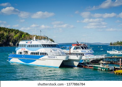 Bar Harbor, ME / USA - 05/22/2015: Whale Watching Tour Boats Docked At Waterfront.