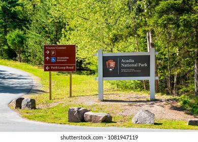 Bar Harbor, ME, USA - May 31, 2014: Entrance Sign To Acadia National Park In Maine, USA.