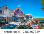 Bar Harbor skyline, colorful buildings, and street traffic in Maine, summer travel city landscape 