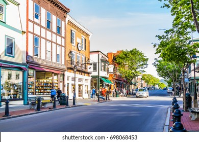 Bar Harbor, USA - June 8, 2017: Empty Main Street In Downtown Village In Summer With People And Stores