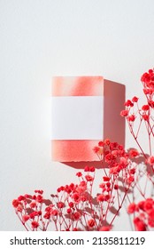 Bar Of Homemade Soap With Label On A White Background. Mockup For Design. Skin Care Cosmetic With Red Flowers. Beauty Concept For Face Body Care