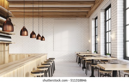 Bar interior with counter, stools and square tables. Vertical poster on white brick wall. Concept of drinking. 3d rendering. Mock up