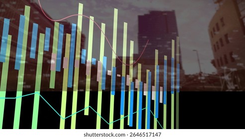 Bar and line graphs image over cityscape with tall buildings. Data visualization, analytics, futuristic, financial, urban, technology