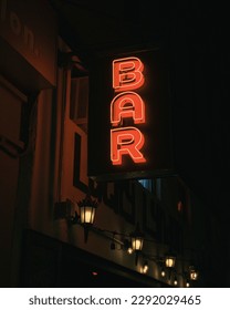 Bar neon sign at night, Manhattan, New York