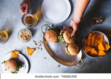 Bar Party Table Beer Hamburger Drinking Eating Holding Burger Beef Steak Sliced Leisure Party Overhead Copy Space Country Blue Style