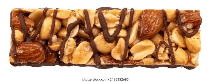 Bar with peanuts, hazelnuts, caramel and chocolate on a white background. View from above. Nut bar isolate. Sugar - Powered by Shutterstock