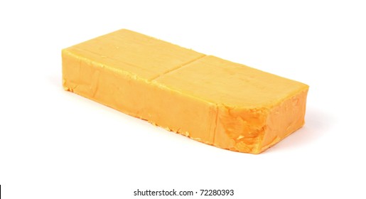 A Bar Of Sharp Cheddar Cheese On A White Background.