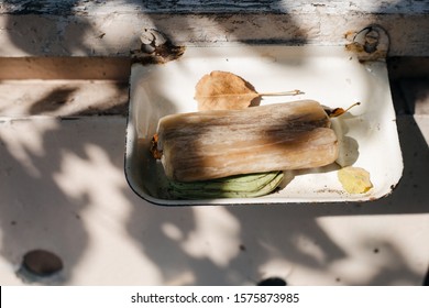 Bar Of Soap In An Old Soap Box. Dry Leaves Fell Into The Soap Box.