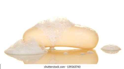 Bar Of Soap With Suds, Isolated On White 