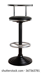 bar stool with cast-iron base and leather seat, isolated on white background