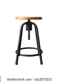 Bar Stool Chair, Industrial Style. Black Steel Stands With Natural Wood Seat.  Front View. Isolated On White Background. Add Clipping Path.