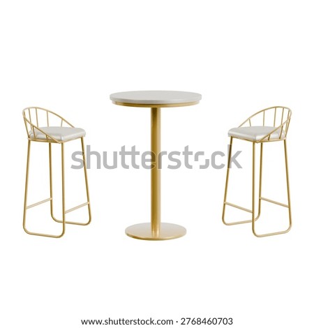 Bar table and stool set with gold metal frame, modern minimalist design, arranged seating, isolated on white background, front view, representing hospitality furniture, social space, and interior styling.