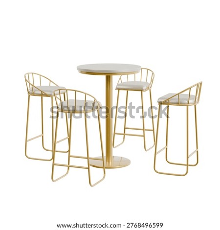 Bar table and stool set with gold wireframe metal design, arranged seating group, isolated on white background, angled perspective, representing modern hospitality furniture, social interaction, and interior styling.