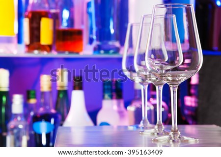 Bar table with transparent glasses for wine