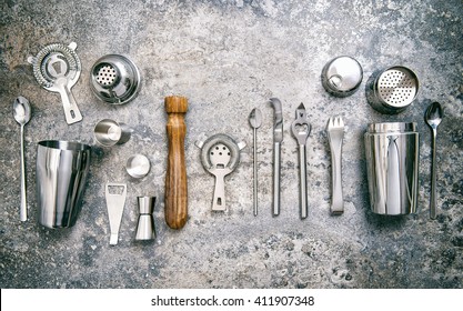 Bar Tools For Making Cocktail. Shaker, Jigger, Strainer, Spoon. Food And Beverages. Vintage Style Toned Picture