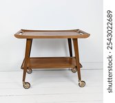 Bar trolley tea trolley teak castors wood serving trolley vintage mid century scandi brass tray