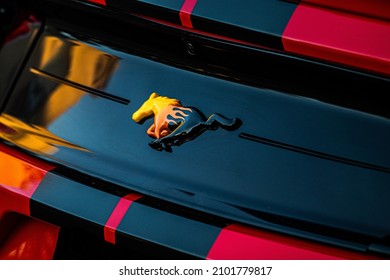 BARABOO, UNITED STATES - Nov 23, 2021: A Closeup Shot Of A Red And Black Mustang Fire Logo