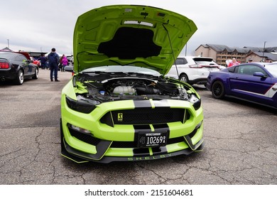 Baraboo, Wisconsin USA - April 30th, 2022: 2020 GT 350 Neon Green Shelby Ford Mustang At Cruise For A Cause Car Show.