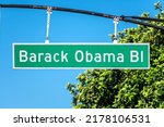 Barack Obama Boulevard road sign in downtown of San Jose, California.