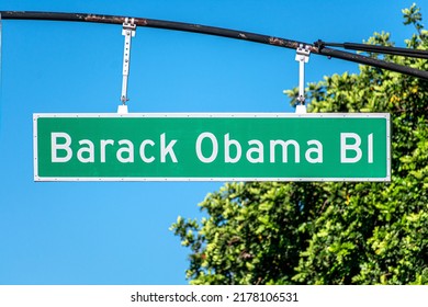 Barack Obama Boulevard road sign in downtown of San Jose, California.