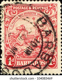 BARBADOS - CIRCA 1934: A Post Stamp Printed Barbados Shows Allegory Of Britain Mistress Of The Seas As King Henry V With Trident In His Hand, Which Floated On Waves In Shell, Pulled By Two Sea Horses