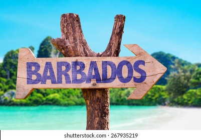 Barbados Wooden Sign With Beach Background