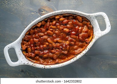 Barbecue Baked Beans In A Casserole Dish.