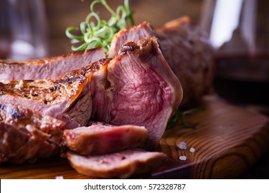 Barbecue Bone Ribeye Steak On Cutting Board Ready To Eat, Delisious Dinner With Wine