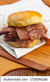 Barbecue Brisket Sandwich Or Bbq Catering Of Meats. Traditional Texas BBQ: Beef Brisket, Beef Ribs, Pork Ribs, Sausage Links, Black Pepper Roasted Chicken, And Turkey Served With Homemade Sauce.