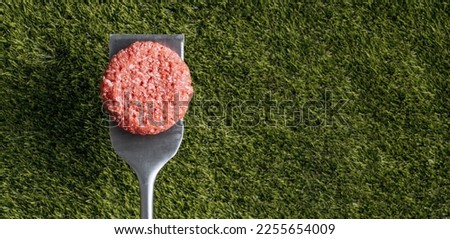 barbecue burger cutlet. barbeque concept in nature. barbecue spatula with a burger patty on it