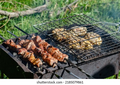 Barbecue And Chicken Breasts Grilling Outdoors On A Grill Good Mood For A Picnic On A Sunny Day No People.