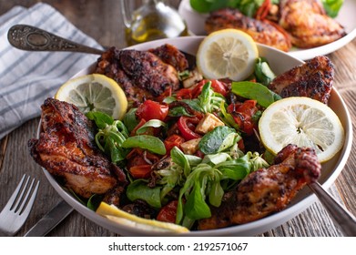 Barbecue Chicken Legs With A Delicious Mediterranean Salad For Side Dish. Low Carb Dinner Or Lunch Meal