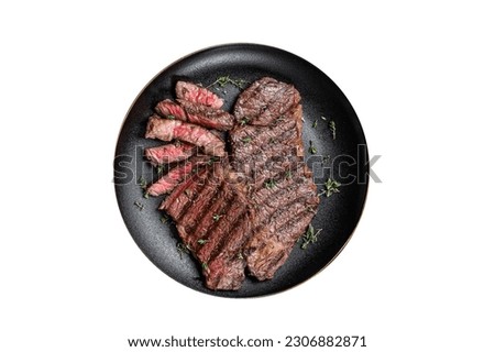 Barbecue denver strip beef meat steak on a plate. Isolated on white background