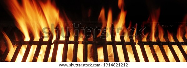 Barbecue\
Fire Grill Isolated On Black Background. BBQ Flaming Charcoal Grill\
Isolated. Hot Barbeque Charcoal Cast Iron Grill With Bright Flames\
Of Fire. Abstract Panoramic Grill Wide\
Banner.