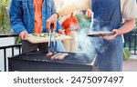 Barbecue, food and friends with sausage outdoor backyard for meal at reunion, social event or lunch on terrace. Grill, party and men cooking meat and vegetables for bbq dish on weekend at home.