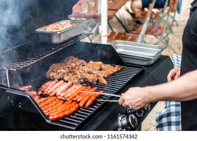 Barbecue Grill Bbq On Propane Gas Grill Steaks Bratwurst Sausages Meat Meal