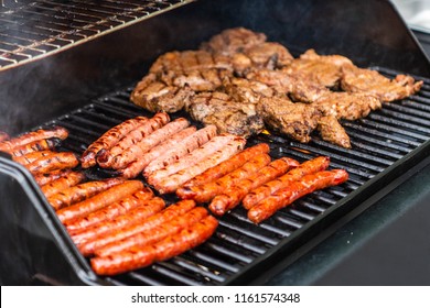 Barbecue Grill Bbq On Propane Gas Grill Steaks Bratwurst Sausages Meat Meal