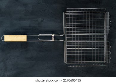 Barbecue Grill. BBQ Preparation Set. Black Background. Flat Lay. Ready Grilling Cookout Food.